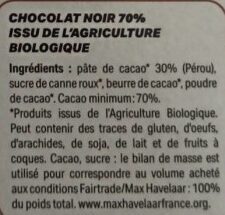 Chocolat Noir Dessert Corsé 70% Bio et Equitable - Ingrédients