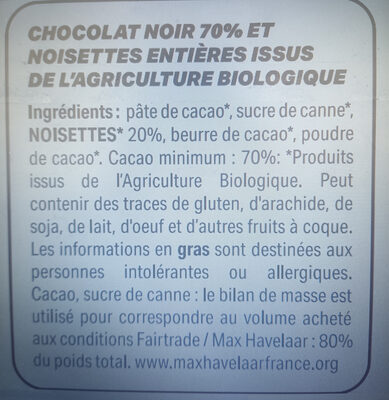 Chocolat Noir 70% Noisettes Entières Bio et Equitable - Ingrédients
