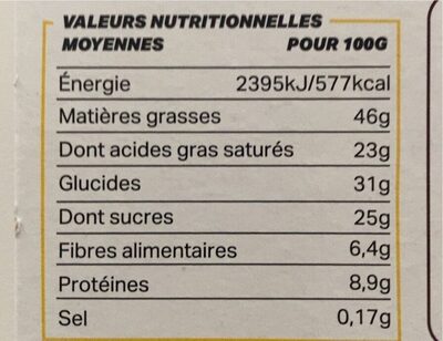 Chocolat Noir 70% Noisettes Entières Bio et Equitable - Tableau nutritionnel