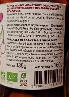 Olives Kalamata dénoyautées - Tableau nutritionnel
