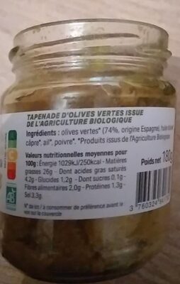 Tapenade d'Olives Vertes Bio - Tableau nutritionnel