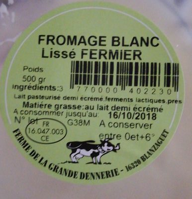 Fromage blanc lissé fermier - Ingrédients