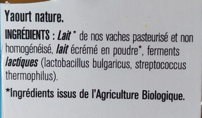 Yaourt nature bio - Ingredients - fr
