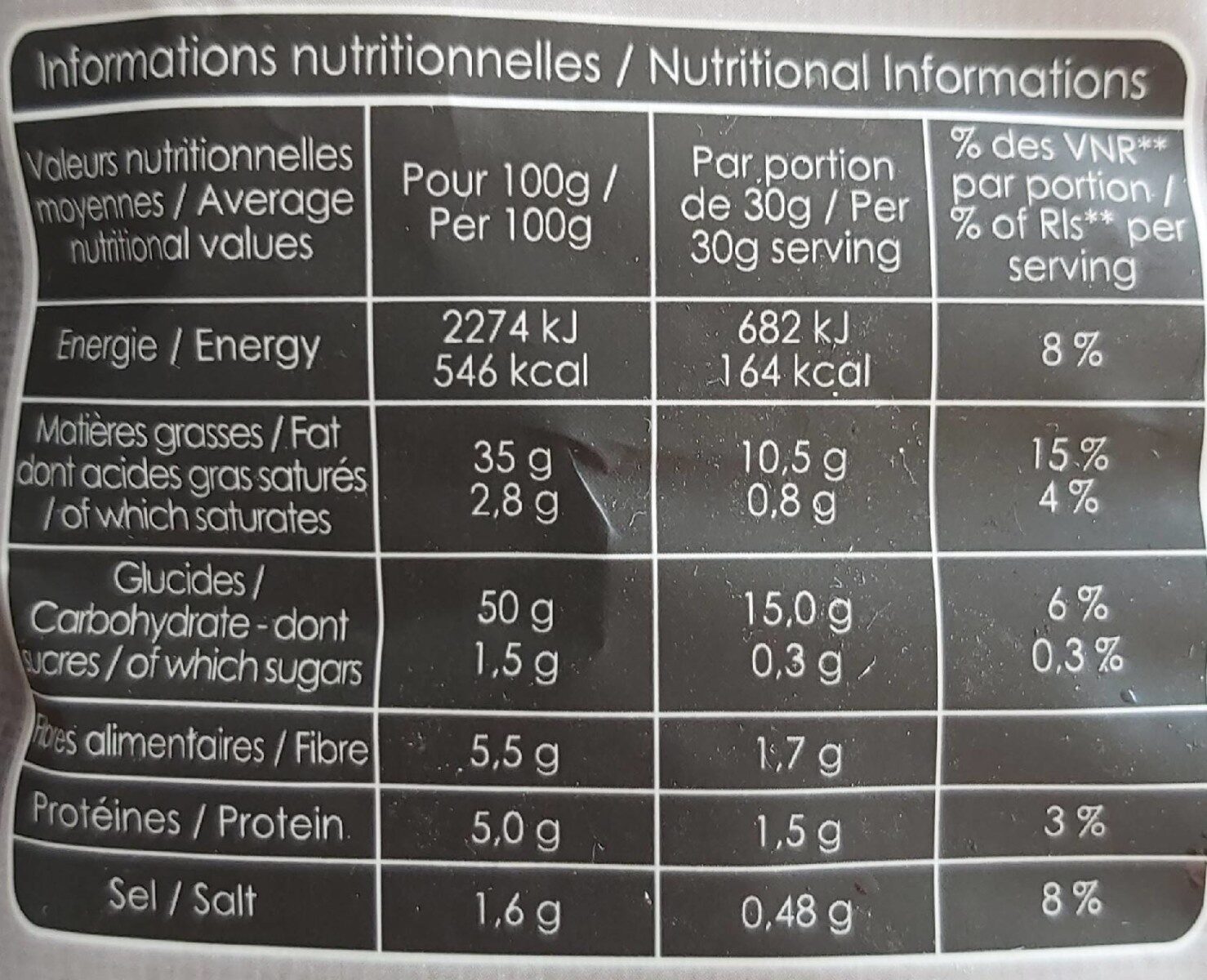 Chips de pomme de terre BIO au poivre - Información nutricional - fr