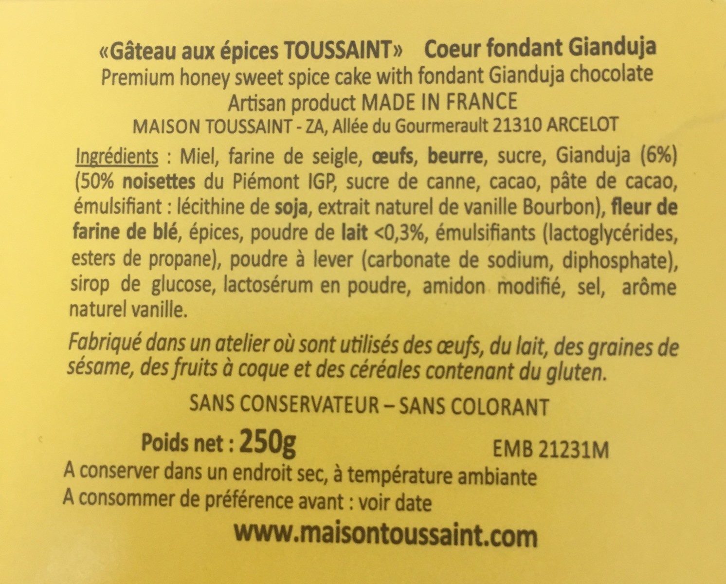 "Gâteau Au épices Toussaint" Coeur Fondant Gianduja - Ingredients - fr