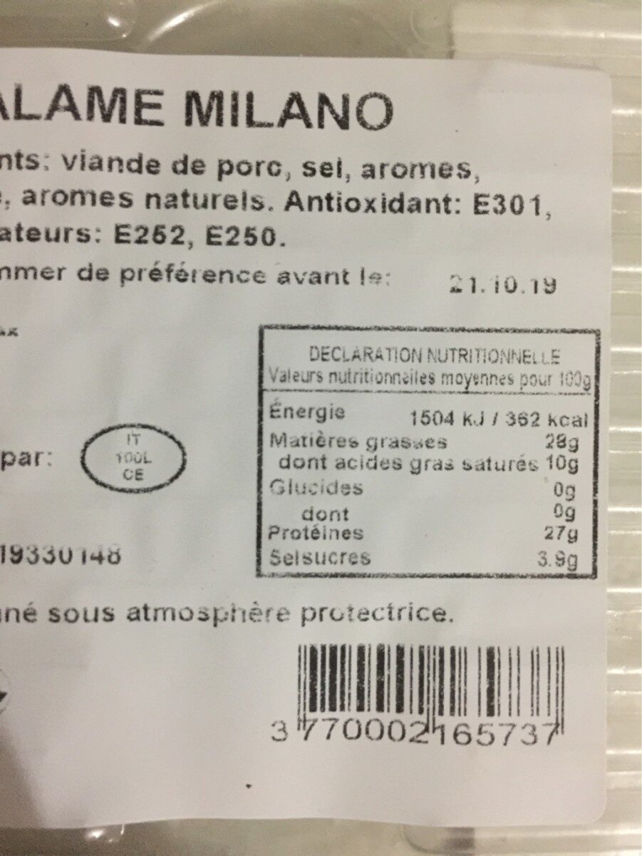 Salame milano - Tableau nutritionnel