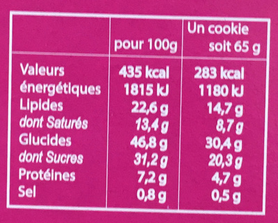 Cookies tendres Chocolat - Tableau nutritionnel