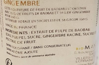 Confiture fruits de Baobab et Gingembre - Ingredients - fr