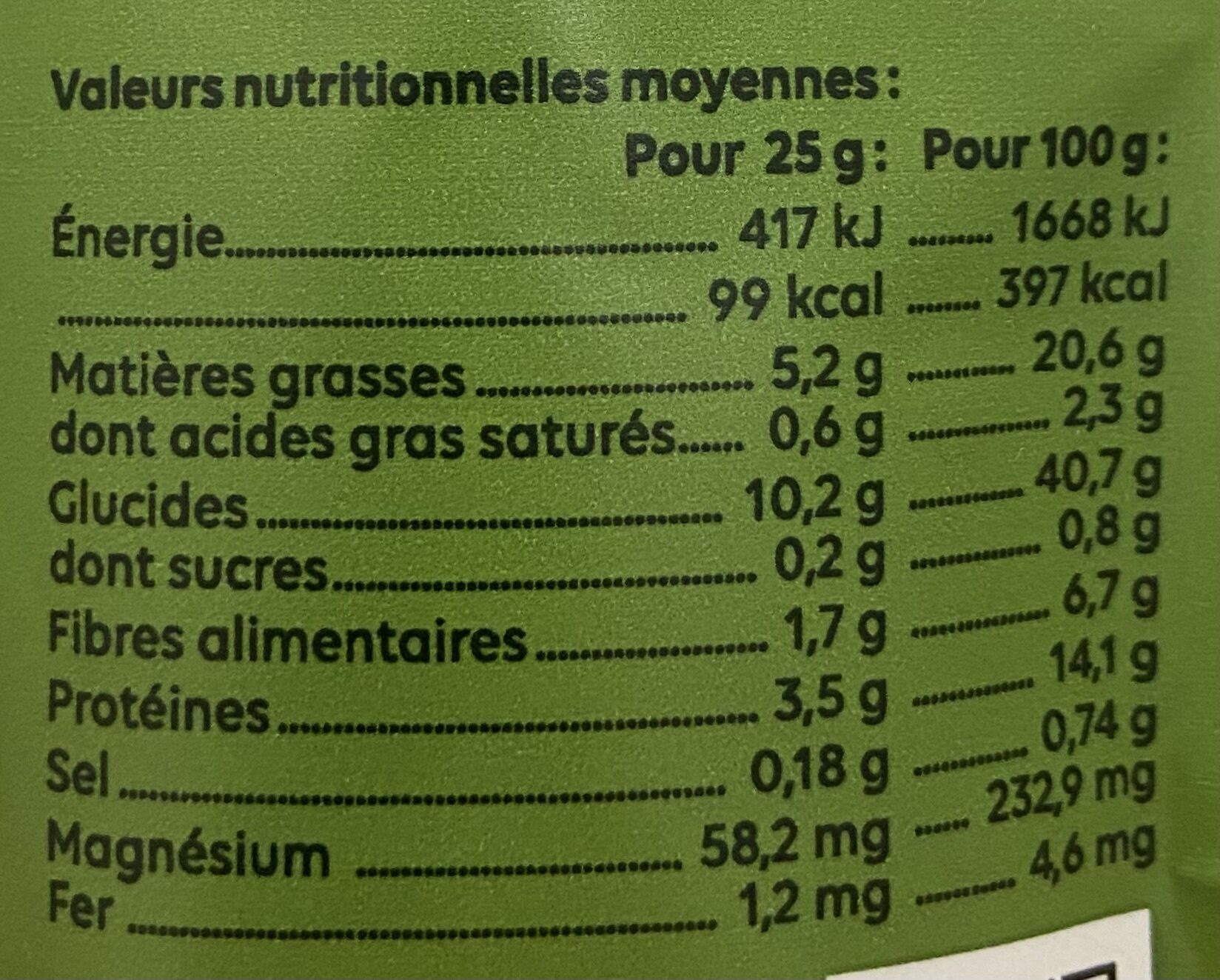 Crackers Olive - Graines de courge - Tableau nutritionnel