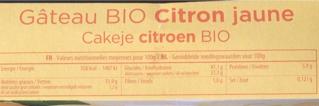 Gâteau Bio Citron jaune - Nutrition facts - fr