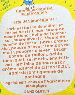 moelleux citron Bio sans allergènes - Ingrédients