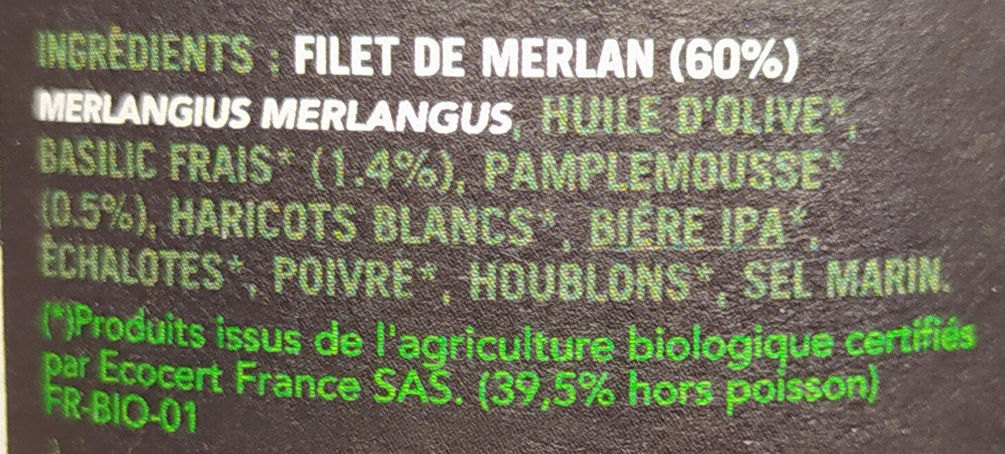 Rillettes de Merlan Basilic frais et Pamplemousse Bio  cuisinées à l'huile d'olive et à la bière IPA - Ingredients - fr