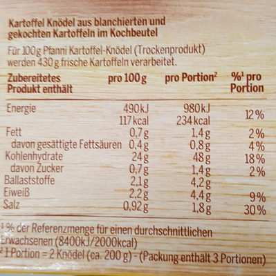 Kartoffel Knödel Halb & Halb - Nährwertangaben