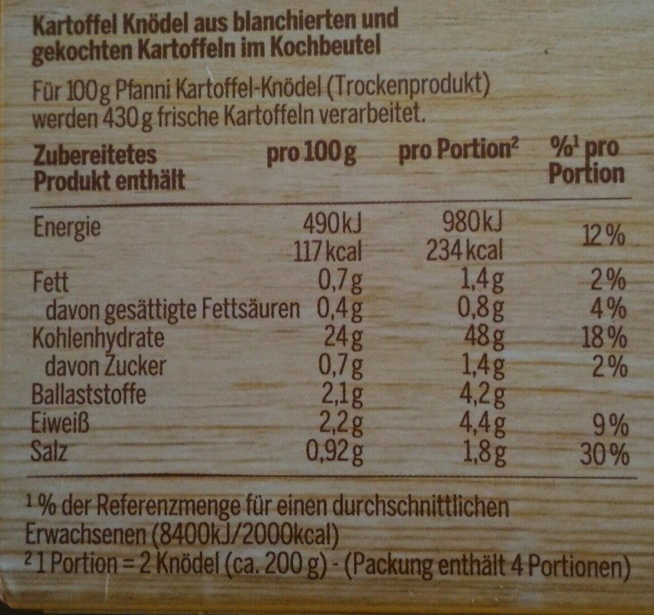 Knödel - Kartoffel Knödel Halb & Halb - Nährwertangaben