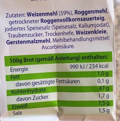 Bauernbrot - Nutrition facts