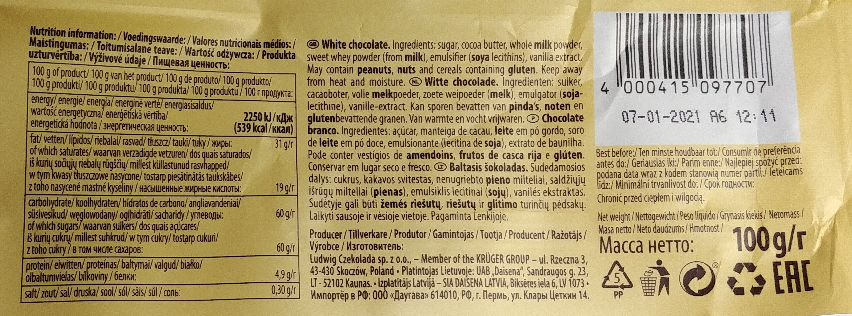 Biała czekolada - Näringsfakta - pl
