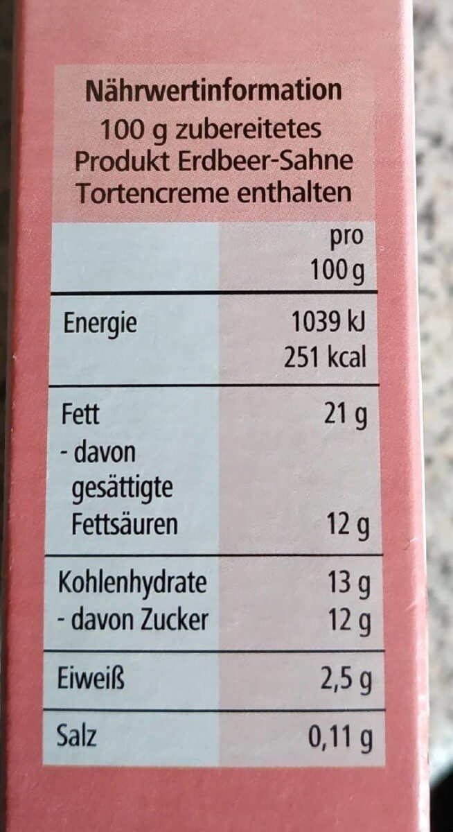 Erdbeer Sahne Tortencreme - Voedingswaarden - de