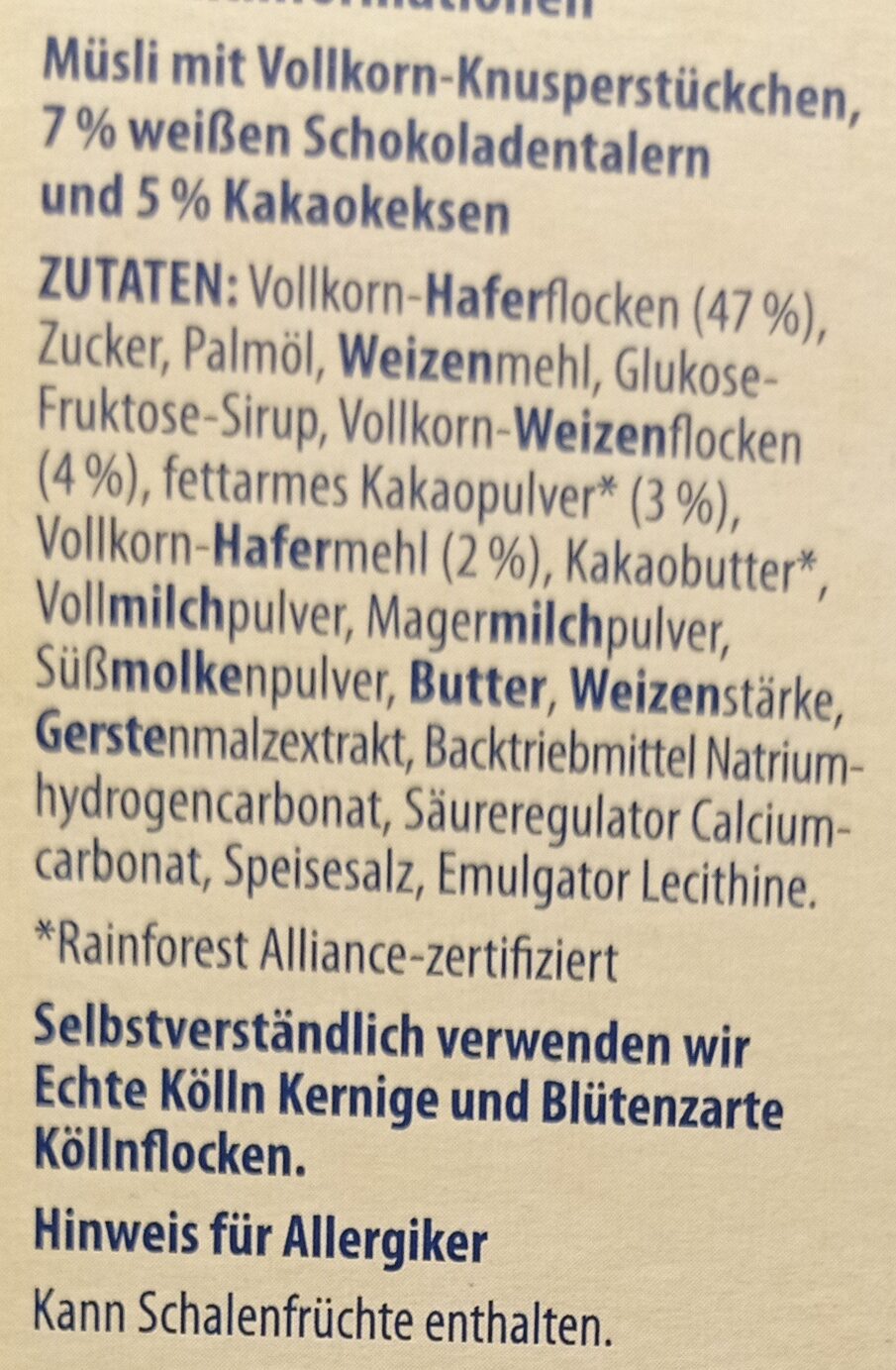 Knusper Schoko & Keks Kakao Hafer-Müsli - Ingredientes - de