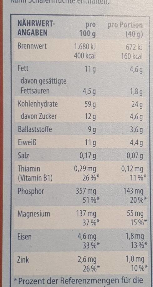 Schoko Hafer-Müsli, 30% weniger Zucker - Tableau nutritionnel - de