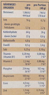 Knusper Vollkorn-Müsli mit 5 % Schokoladenblättchen und5 % Haselnusskrokant - Información nutricional - de