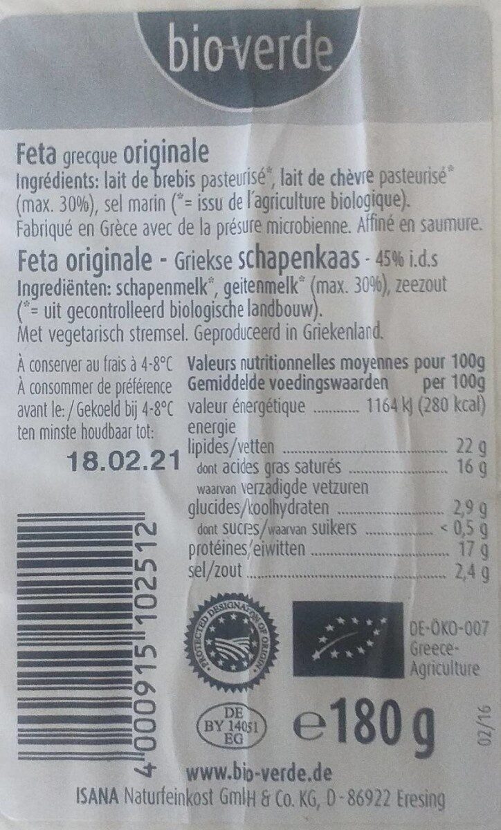 Feta Originale Fromage grec - Voedingswaarden - fr