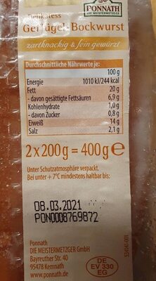 Delikatess Geflügel- Bockwurst - Nutrition facts