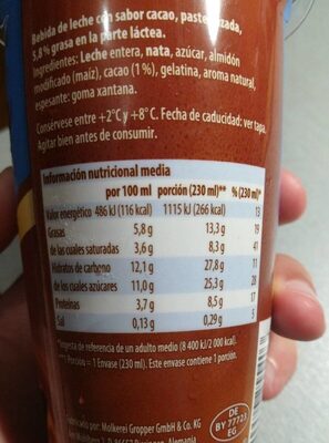 Bebida de cacao - Información nutricional