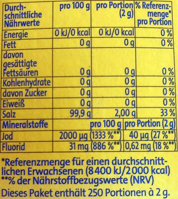 Alpen Jod salz + Fluorid - Nährwertangaben