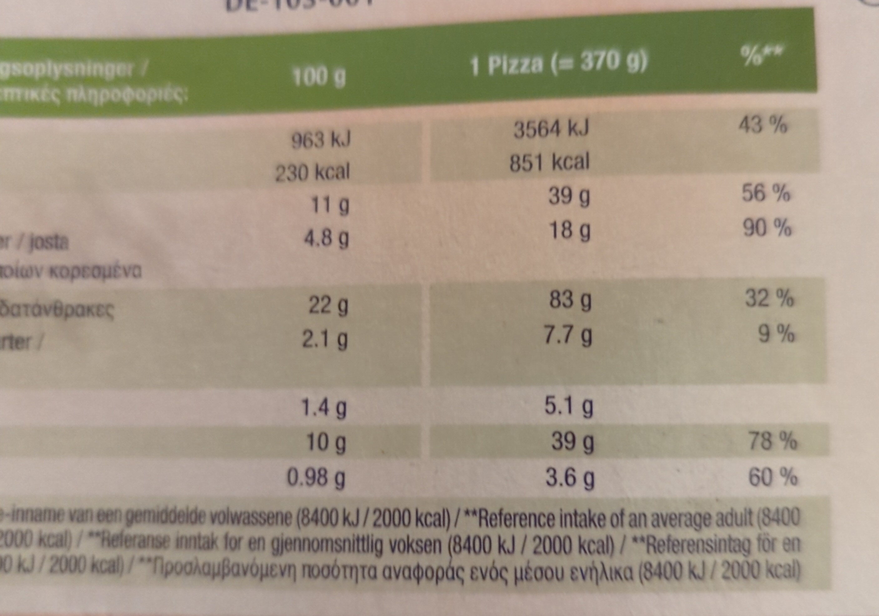 Ristorante Pizza Mozzarella Glutenfrei - Tableau nutritionnel - de