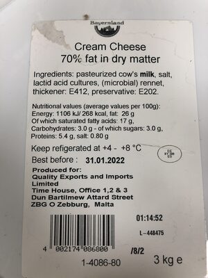 Cream cheese 70% fat in dry matter - Ingredienti