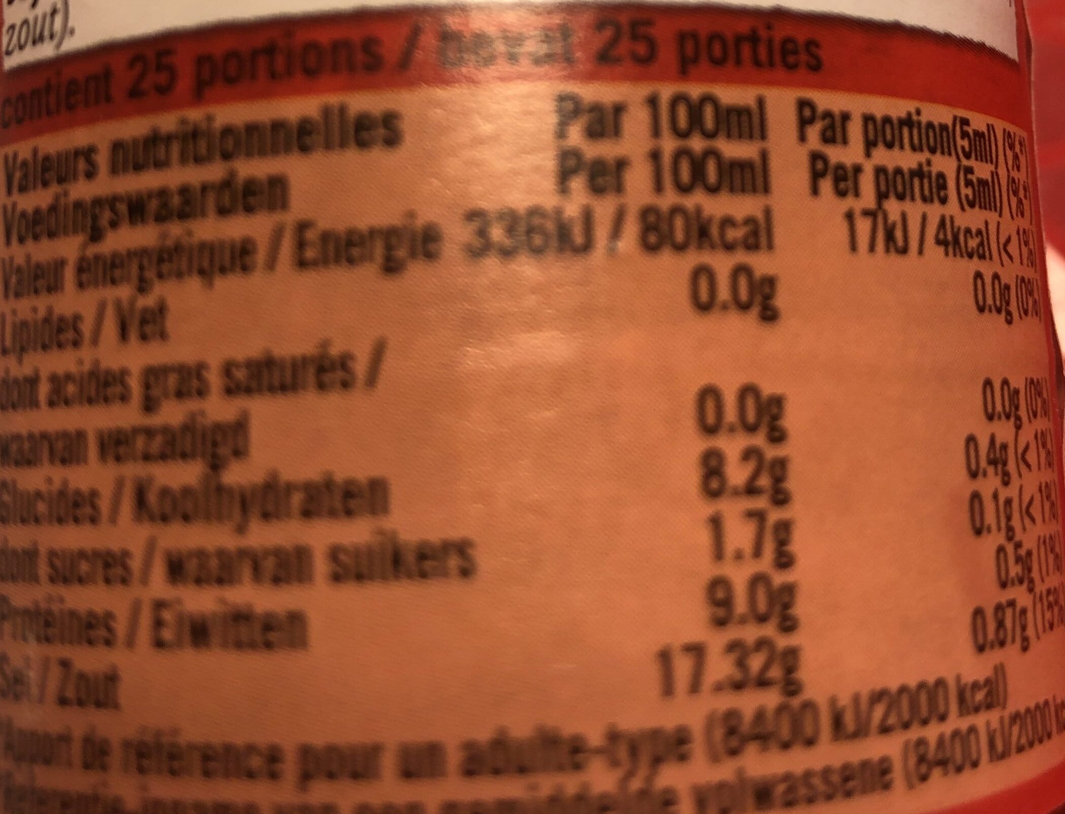 Sauce soja - Tableau nutritionnel