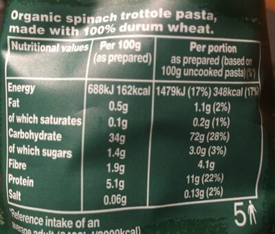 Organic Spinach Trotolle - Tableau nutritionnel