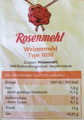 Weizenmehl Type 1050 - Nutrition facts - de