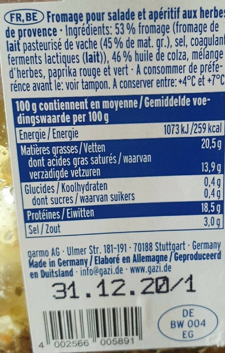 Fromage pour salade - Nährwertangaben - fr