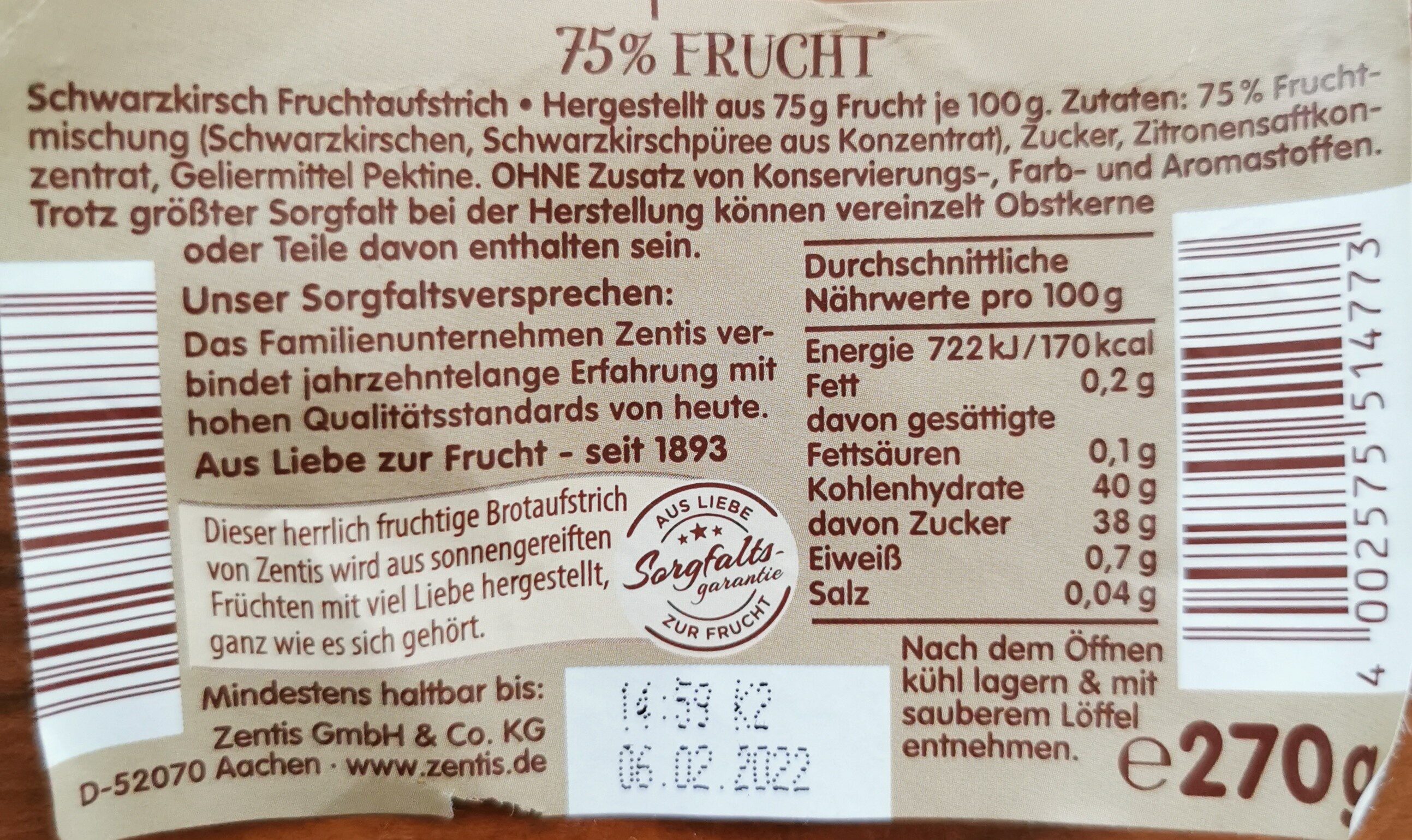Zentis 75% Frucht Schwarzkirsche - Ingredientes - de