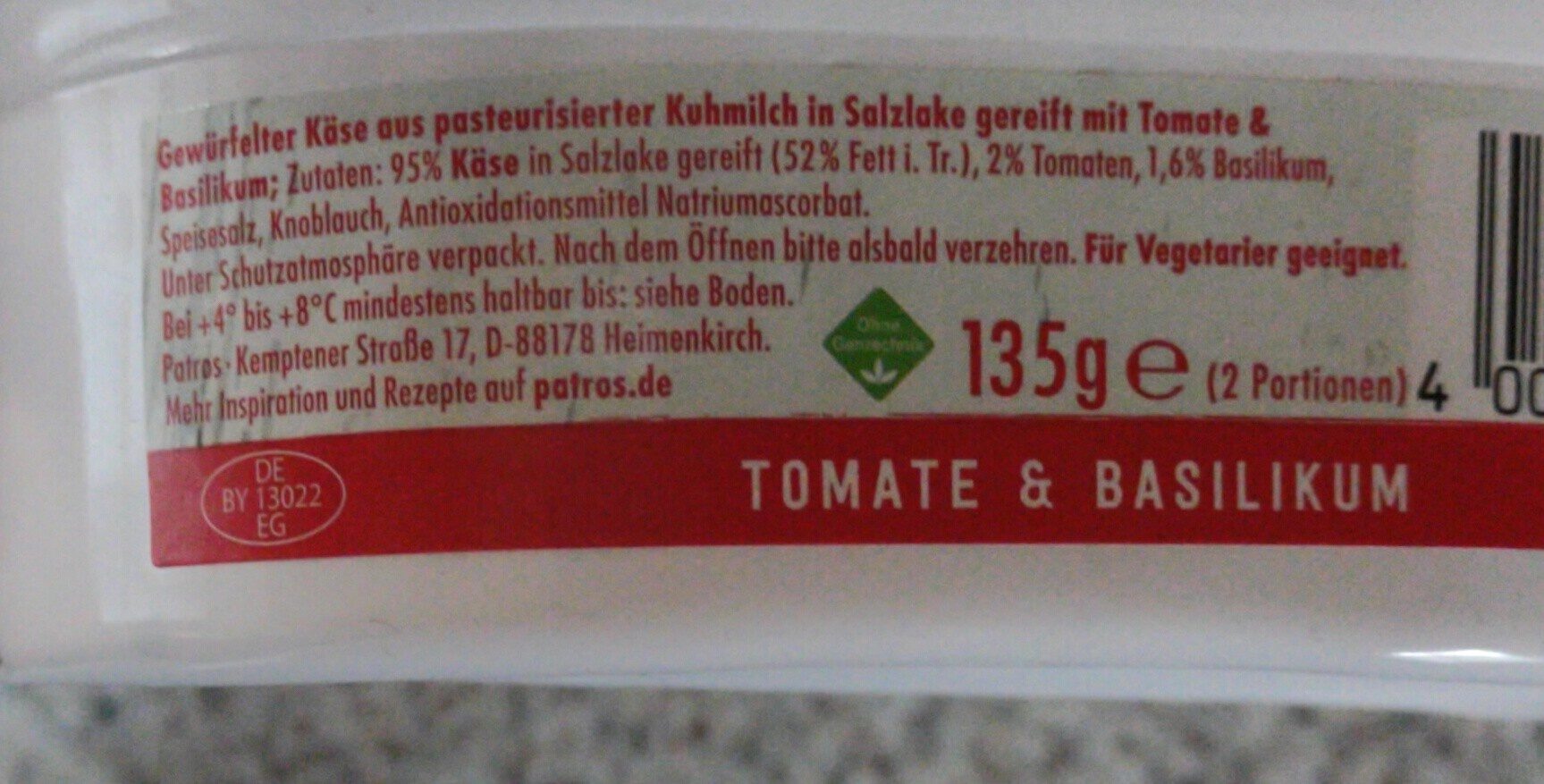 Patros Genießerwürfel Tomate & Basilikum - Zutaten
