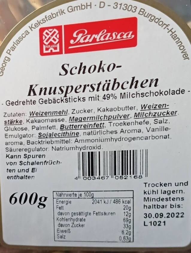 Schoko-knusperstäbchen - حقائق غذائية - de