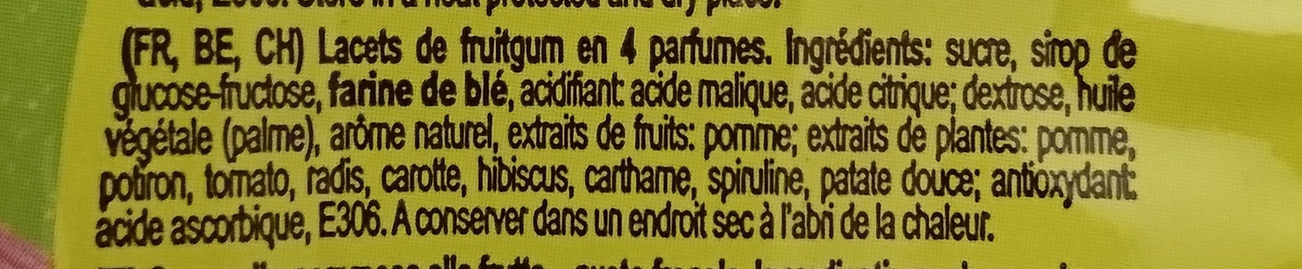 Bunte Drachenzungen, Lacets de fruitsgum en 4 parfumes - Zutaten - fr