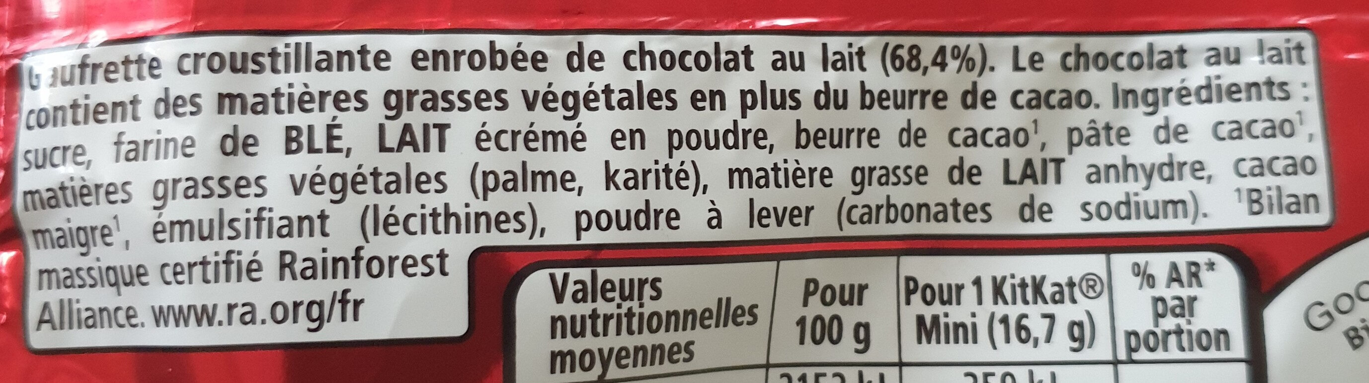 KITKAT Mini Barre au chocolat au Lait, 350g - Ingrédients