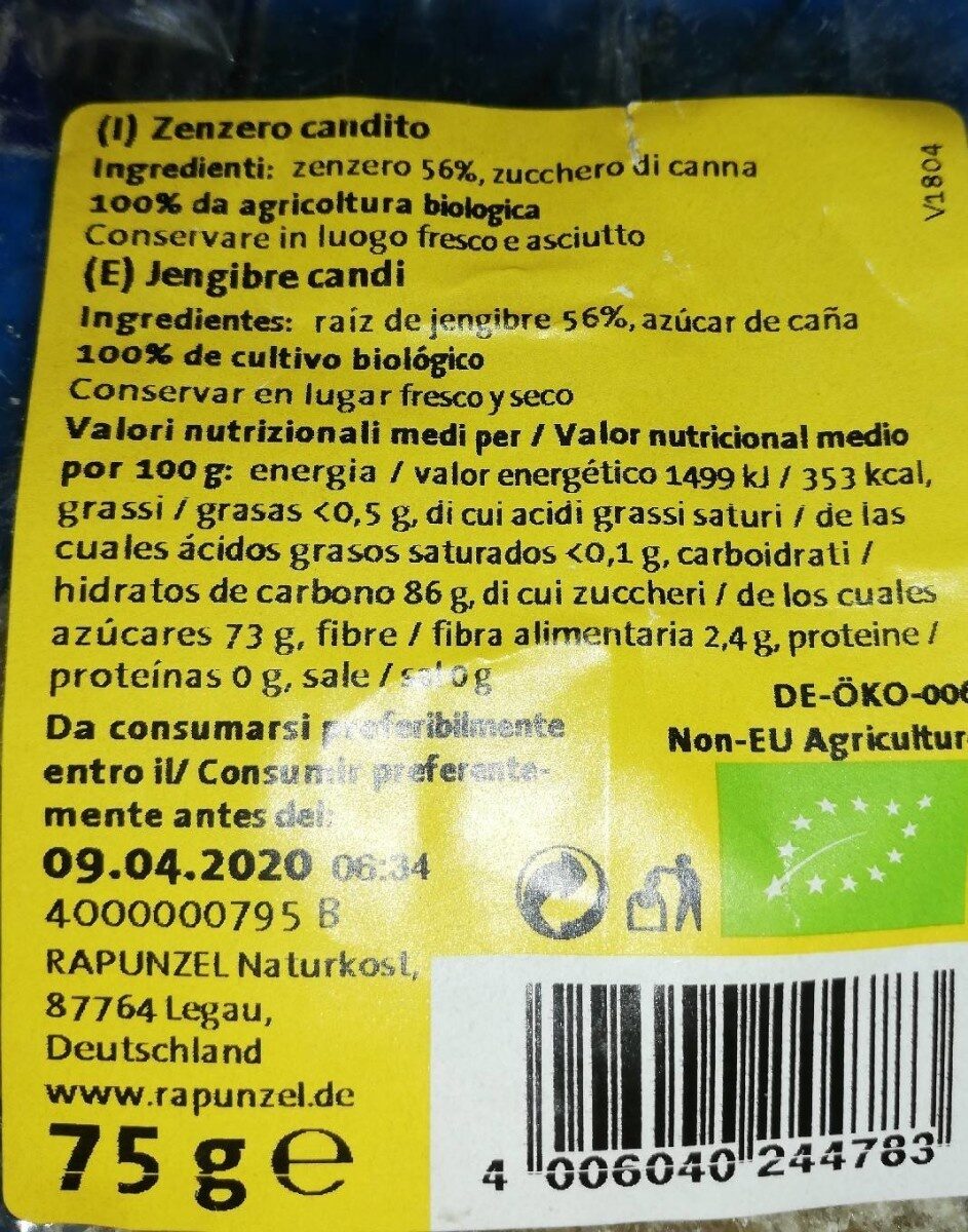 Zenzero candito jenjibre candi - Nutrition facts - es