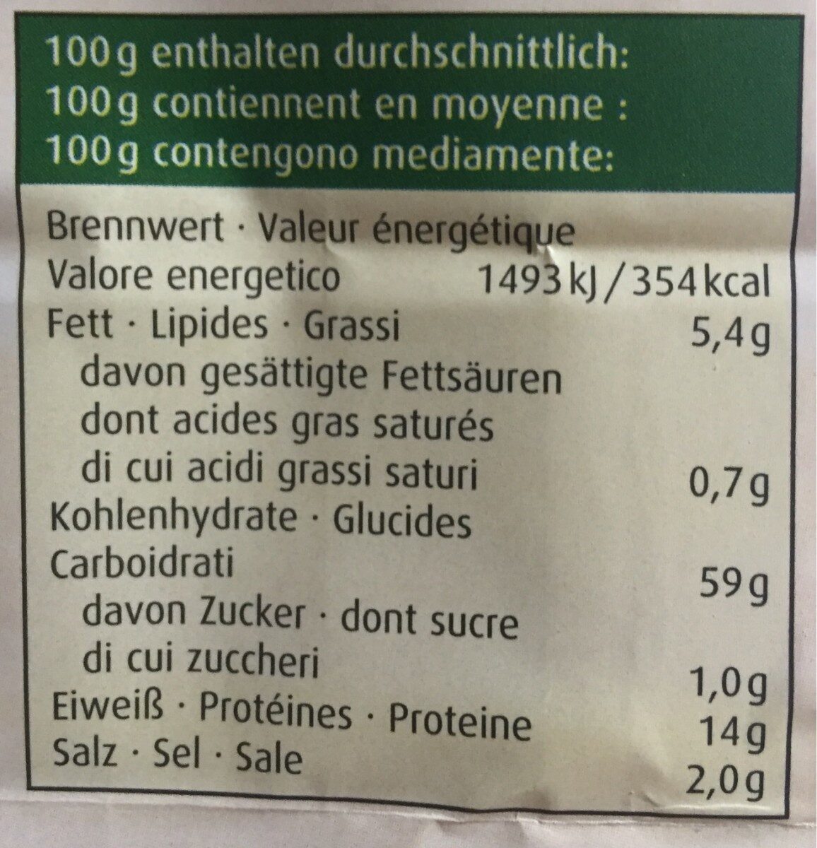 Backmischung  - Mehrkornbrot - Tableau nutritionnel - de