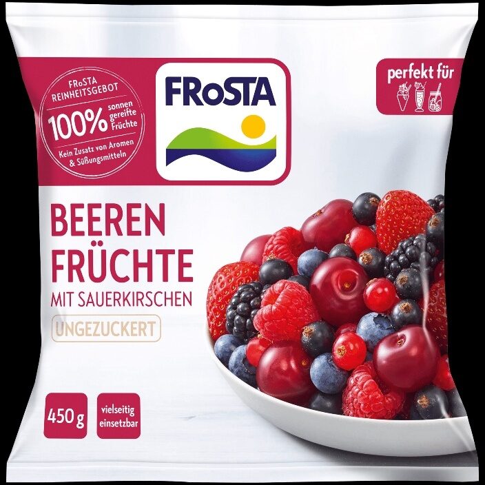 FROSTA Beeren  Mit Sauerkirschen; 100 % sonnengereifte Früchte; ungezuckert     Aus der Tiefkühlung -25 % UVP 3.99 2.99 * 450-g-Beutel kg = 6.64 - Produkt