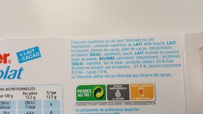 Kinder Chocolat chocolat au lait avec fourrage au lait x12 barres - Ingrédients