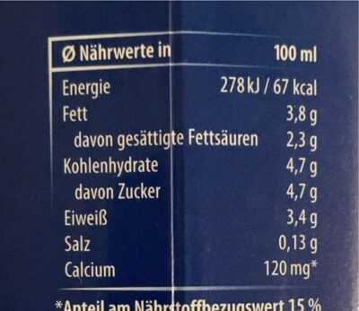 Milch 3,8% - Nährwertangaben
