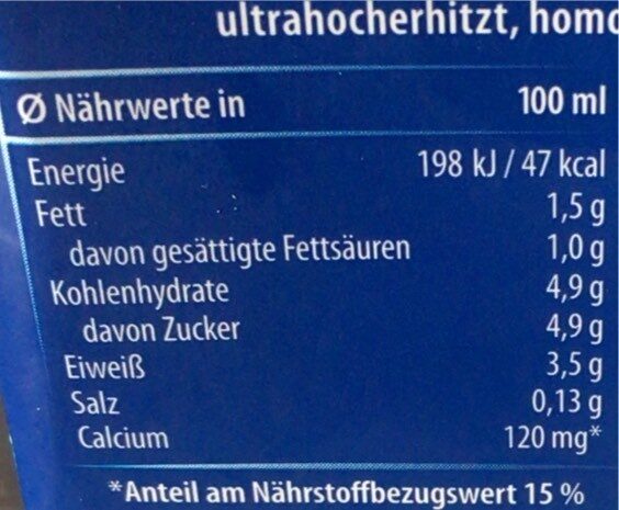 Milch - Alpenmilch, Haltbar, 1,5 % Fett , 0,5 L, 1.5 % Fett - Nährwertangaben
