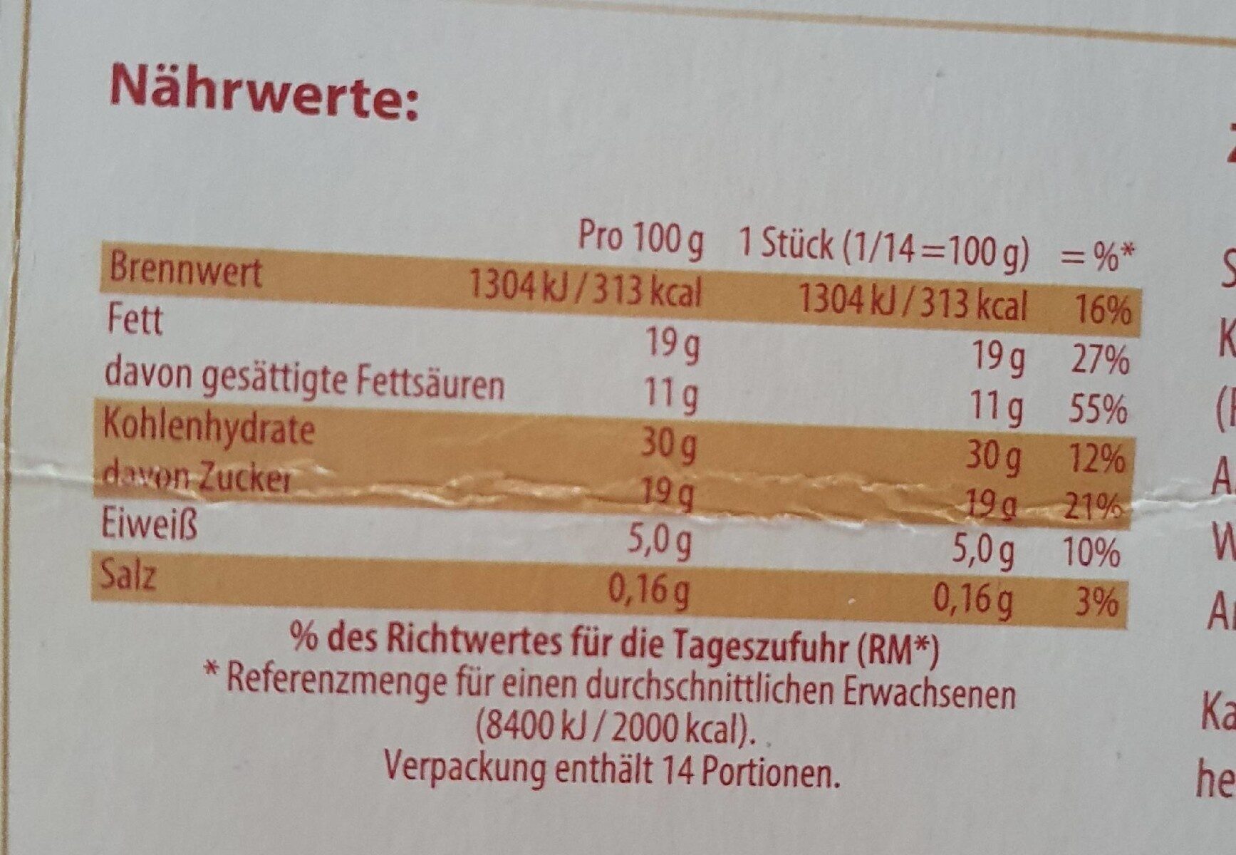 Festtags Torte - Schokoladen Sahne - Nutrition facts - de