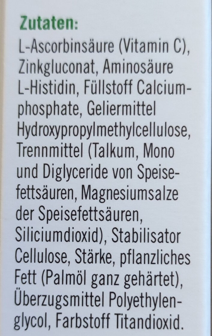 TaxoFit Zink15 + Histidin + Vitamin C - Zutaten