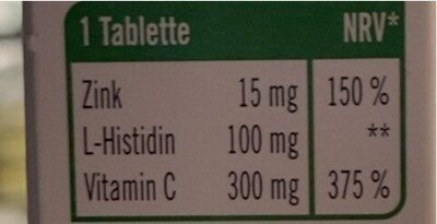 TaxoFit Zink15 + Histidin + Vitamin C - Nährwertangaben