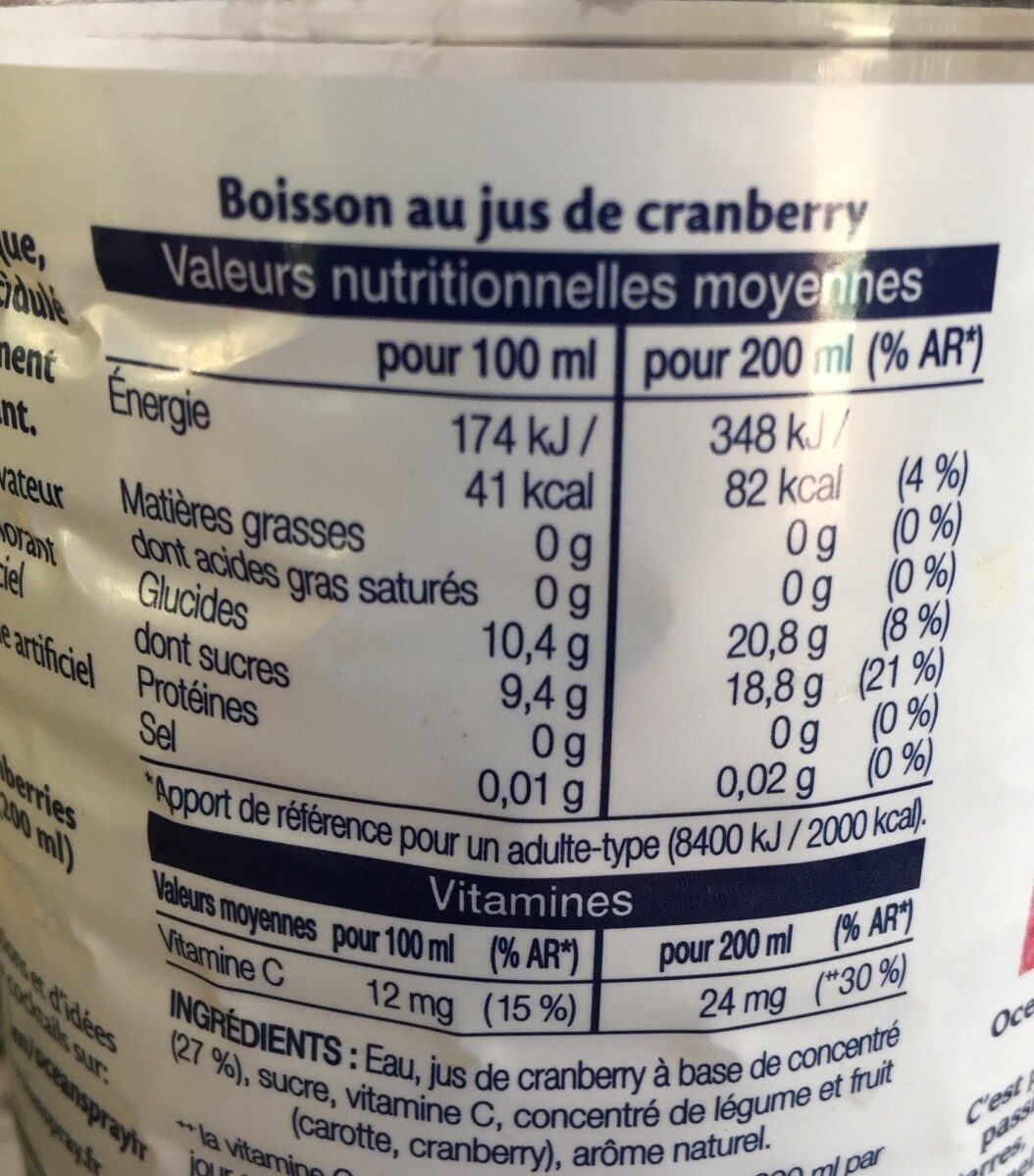 Boisson au jus de  Cranberry - Tableau nutritionnel