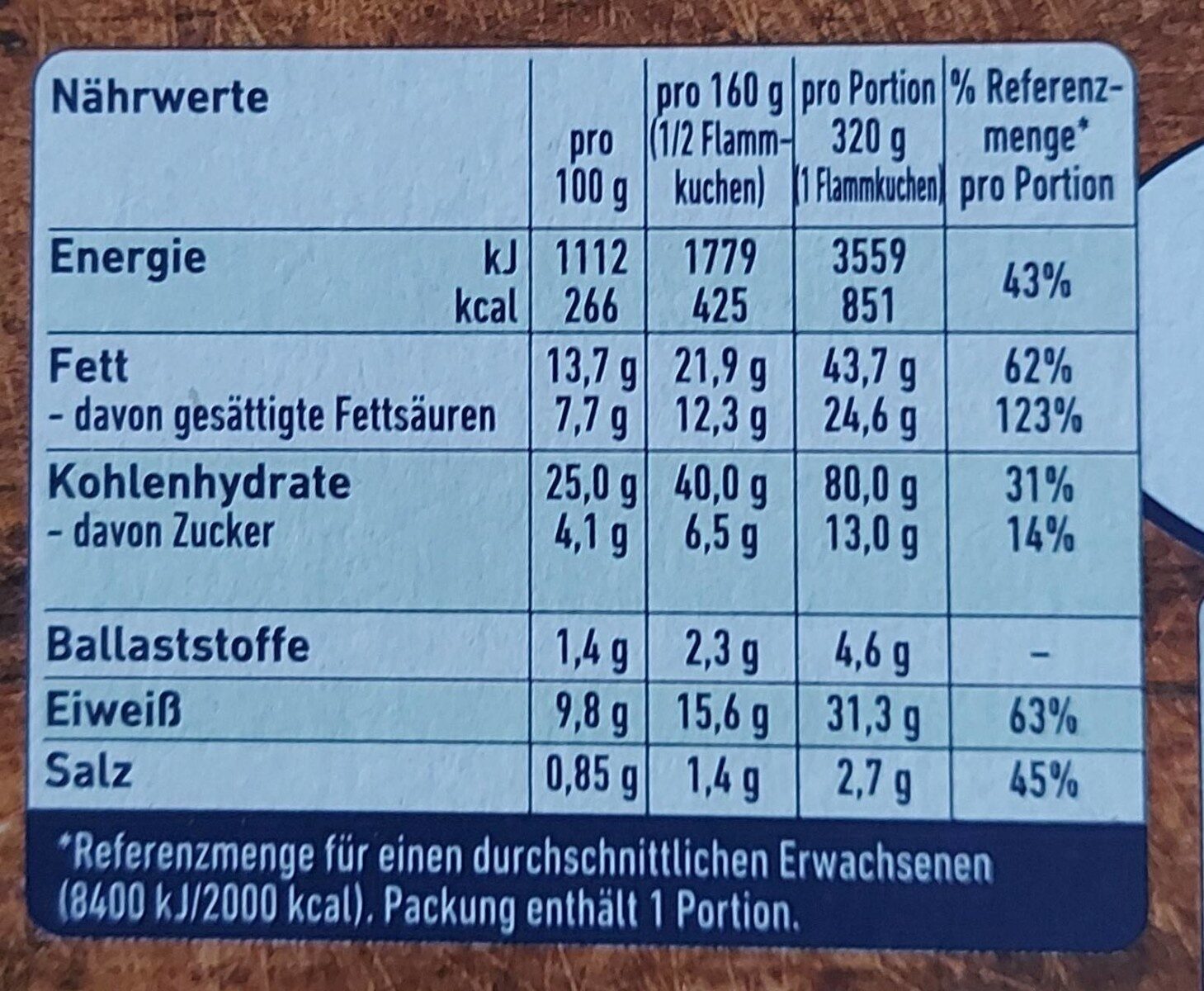 Flammkuchen - Käse & Lauch - Tableau nutritionnel - de